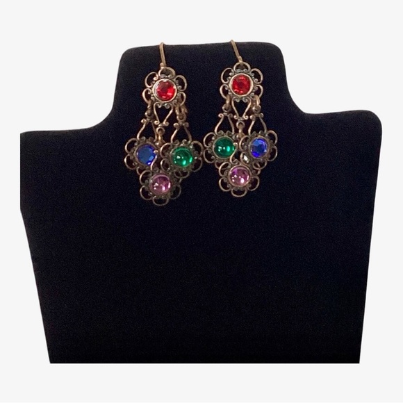 1928 Jewelry - 1928 Copper Tone Open Weave Chandelier Earrings Multicolor Rhinestones Vintage